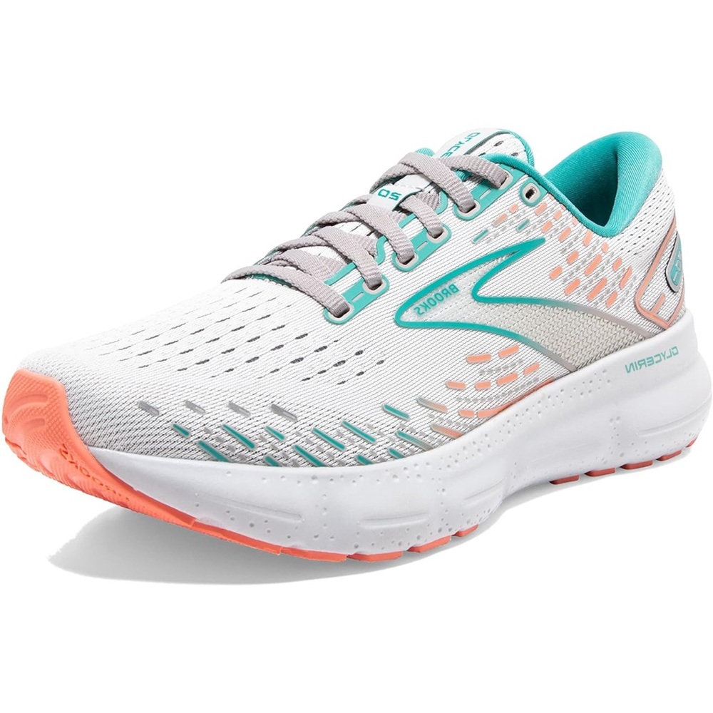 Brooks White and Green Athletic Shoes with Breathable Design